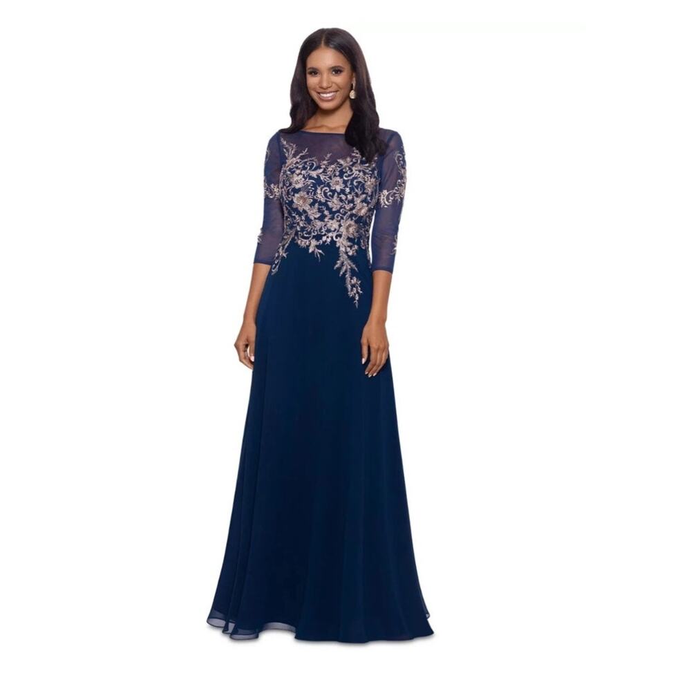 Betsy & Adam Navy Gold Chiffon Brooklyn Embroidered 3/4 Sleeve Dress Gown 12